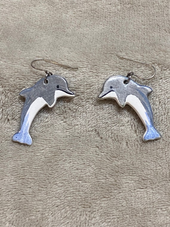 Hand Painted Clay Dolphin Drop, Dangle Earrings, Birthday Gift