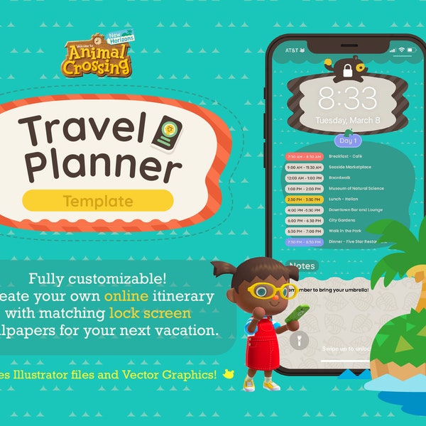 Animal Crossing TRAVEL PLANNER Template | Trip Itinerary | Canva Instant Digital Download | Daily Vacation Schedule for iPhone Lock Screen