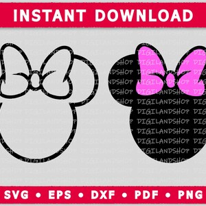 May include: Two black and white outline images of a mouse head with a bow. The bow is pink in the right image.