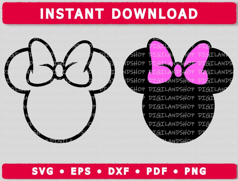 May include: Two black and white outline images of a mouse head with a bow. The bow is pink in the right image.