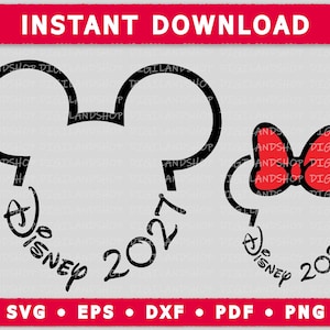 May include: Black Mickey and Minnie Mouse head silhouettes with "Disney 2021" text. Minnie's head features a red bow. The image includes a red banner with "INSTANT DOWNLOAD" and file type icons: SVG, EPS, DXF, PDF, and PNG.