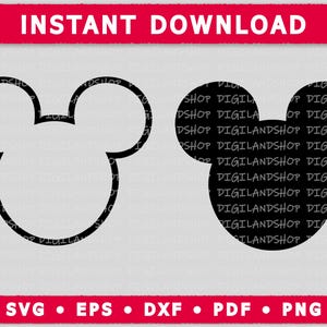 May include: Two black outlines of Mickey Mouse heads. One outline is filled in black.