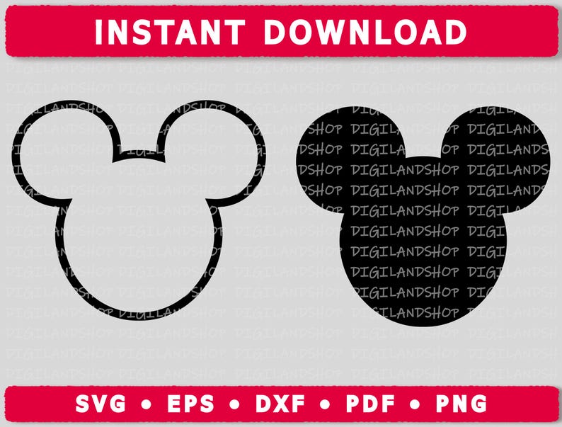 May include: Two black outlines of Mickey Mouse heads. One outline is filled in black.