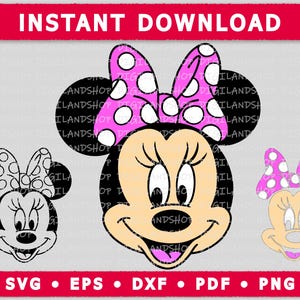 Fichiers de coupe Cricut SVG en couches de Minnie Head | Silhouette Clipart Disney png pdf eps dxf | Impression numérique par sublimation DTG DTF vectorielle