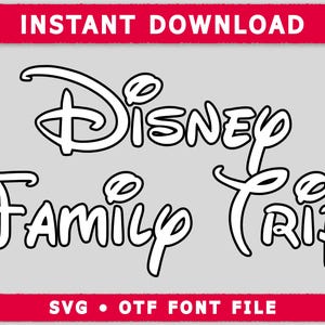 May include: Black and white digital download of the Disney logo with the words "Family Trip" in the same font style.