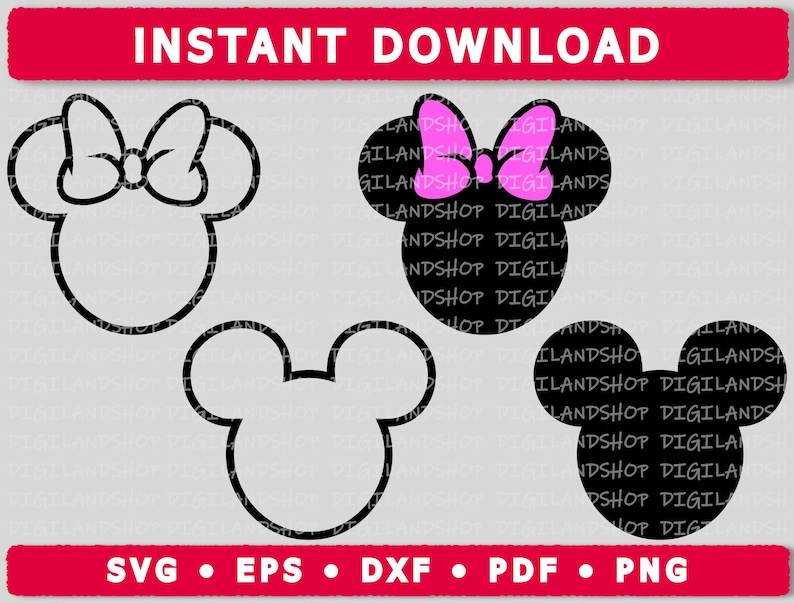 May include: A digital download of two black and white outlines of Mickey Mouse ears. One outline has a pink bow on top. The outlines are suitable for crafting projects.
