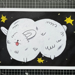 Space Dog Illustrated Art Print, Fun Wall Art, animal print for Kids Room, Bedroom, Entryway, Space, Fluffy Dog Cartoon Playful Dog Print A4