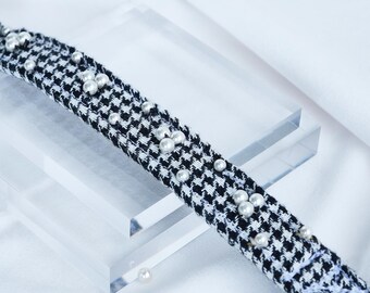 Luxury Houndstooth Dog Collar with Pearls – Chic Tweed Designer Dog Collar, Elegant Handmade Fancy Dog Collar for Medium Dogs