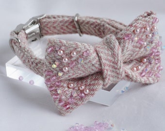 Luxury Pink Tweed Dog Collar with Pearls & Rhinestones, Designer Small Dog Collar, Beaded Dog Collar, Elegant Pet Jewelry