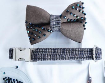 Brown Dog Collar with Bow Tie - Two Tone Dog Collar - Luxury Dog Collar - Checkered Tweed Collar - Metal Buckle