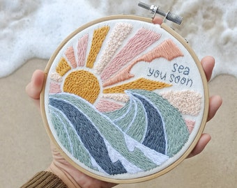 Beach, wave, & Sunrise Embroidery KIT for beginner modern easy, fuunny + video Tutorial