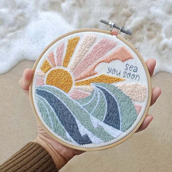 Beach, wave, & Sunrise Embroidery KIT for beginner modern easy, fuunny + video Tutorial
