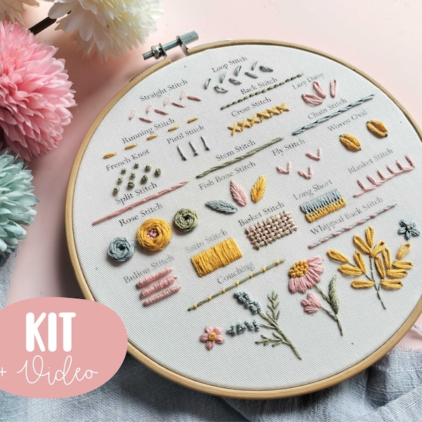 Beginner Embroidery KIT, Handstickerei lernen, Anleitung für Anfänger mit dem Sticken + Video-Tutorial