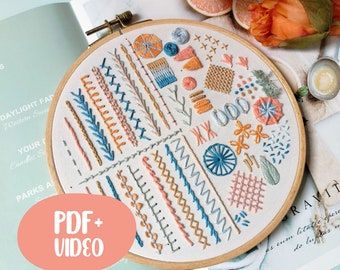 Puede incluir: Primer plano de un aro de bordado blanco con una variedad de puntadas de bordado de colores. Las puntadas son de varios colores, incluyendo azul, naranja, rosa y verde. El aro está sobre una superficie azul claro.