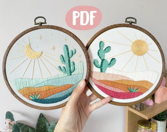 Set of 2 Mountain Embroidery for beginner PDF Pattern with video tutorials, Modern easy funny design - digital download