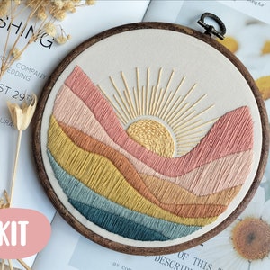 Embroidery kit mountains sunrise beginner easy, modern, fuunny + video Tutorial