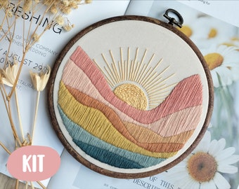 Embroidery kit mountains sunrise beginner easy, modern, fuunny + video Tutorial
