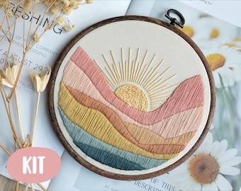 Embroidery kit mountains sunrise beginner easy, modern, fuunny + video Tutorial