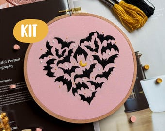 Embroidery kit Bat Love Halloween for beginner, easy, modern, funny + video Tutorial