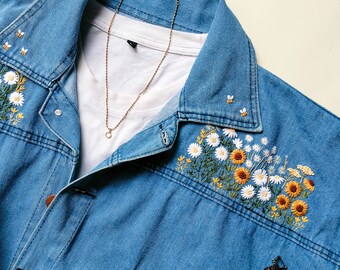 デニムジャケット用ひまわりとデイジーの花の刺繍キット - Etsy 日本