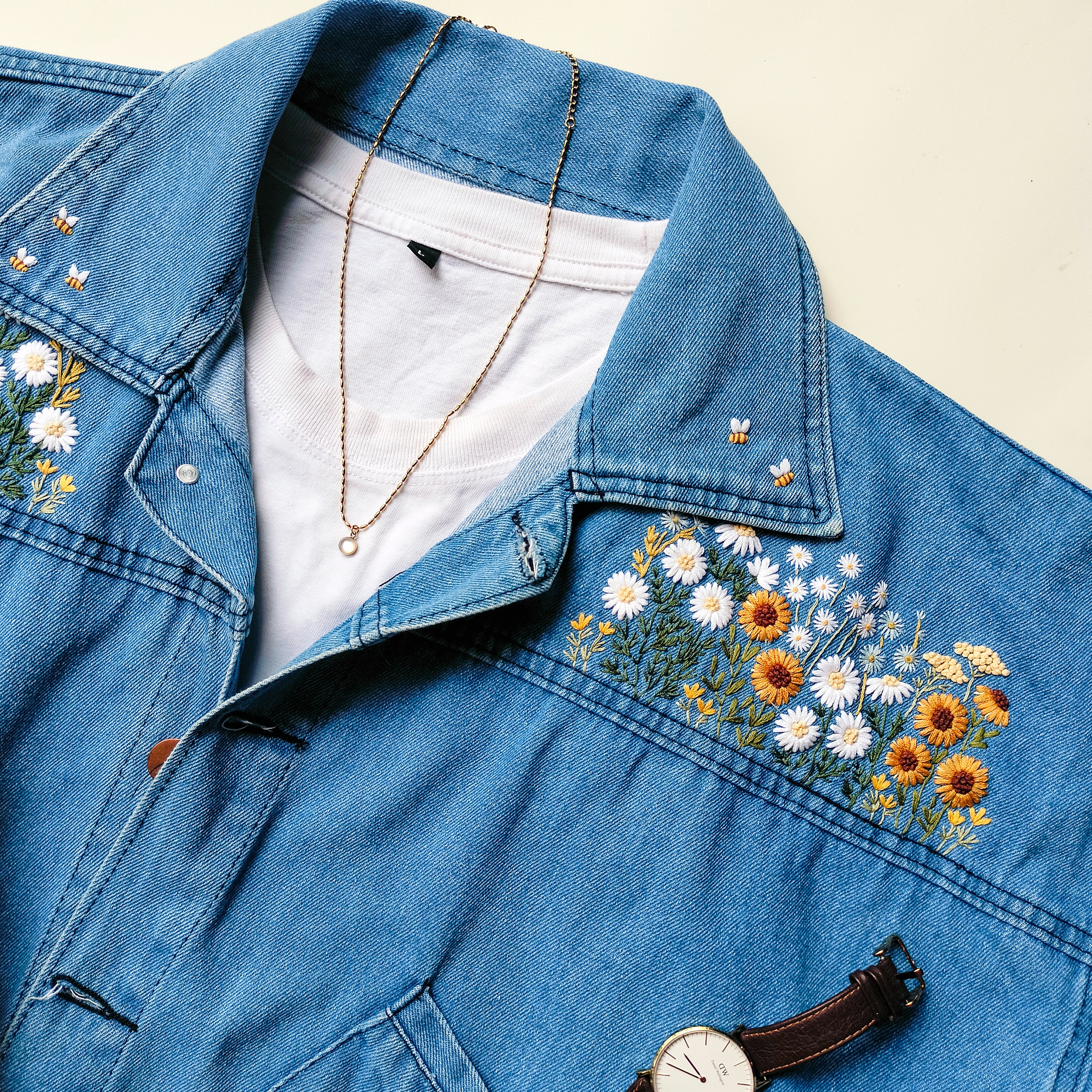 デニムジャケット用ひまわりとデイジーの花の刺繍キット - Etsy 日本