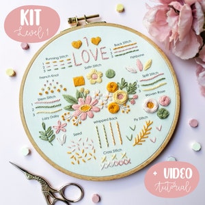 Beginner Embroidery KIT, flower, hand embroidery learning, how to start embroidery + video tutorial