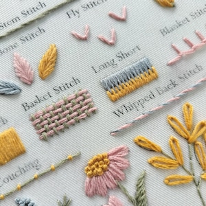 May include: A close-up of a white fabric with various embroidery stitches, including stem stitch, fly stitch, basket stitch, long stitch, blanket stitch, and whipped back stitch. The stitches are worked in pink, yellow, and green thread.