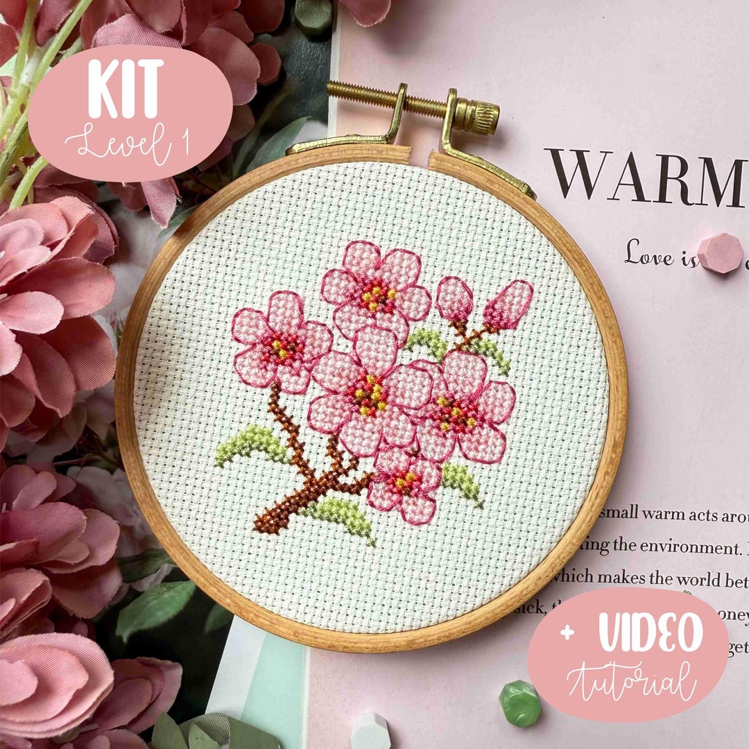 Sakura Cherry Blossom Cross Stitch Kit: Floral DIY Embroidery for ...