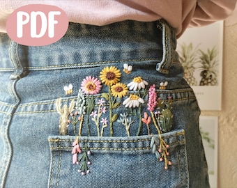 Patrón de Bordado Floral para Jeans, Patrón PDF, Descarga Digital + Video Tutorial para Principiantes