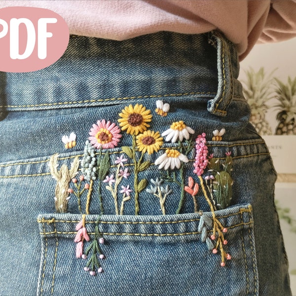 Floral Embroidery Pattern for Jeans, PDF Pattern, Digital download + Video Tutorial for Beginner