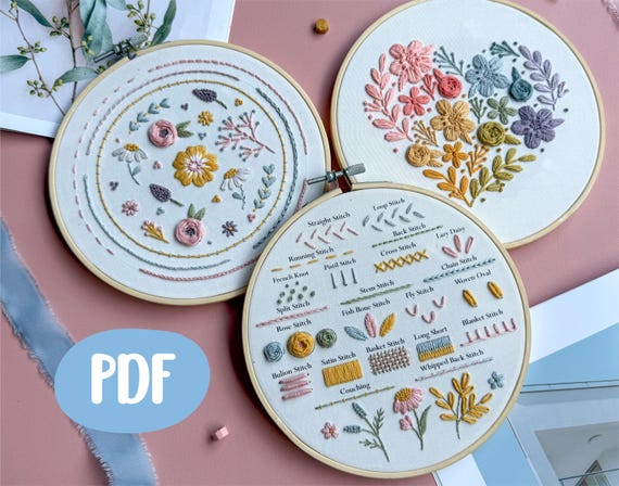 Beginner Floral Embroidery Pattern, 3 Designs, PDF + Video Tutorial