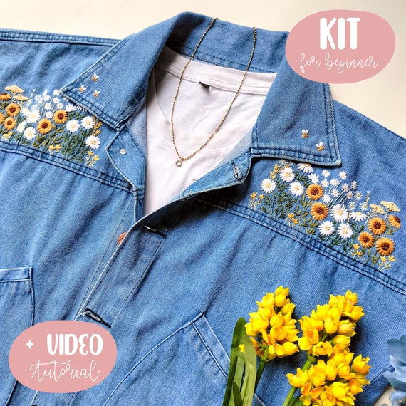デニムジャケット用ひまわりとデイジーの花の刺繍キット - Etsy 日本