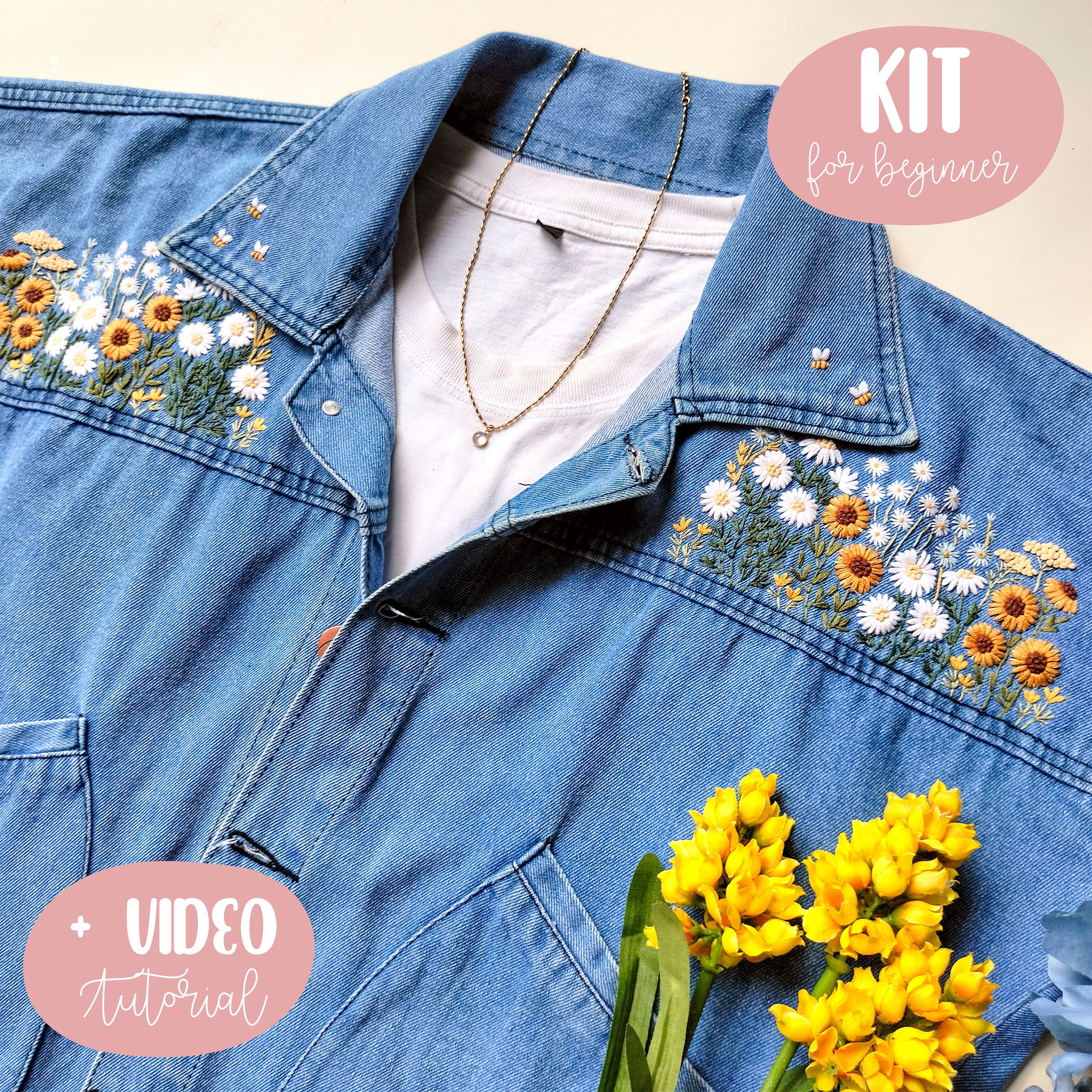 デニムジャケット用ひまわりとデイジーの花の刺繍キット - Etsy 日本