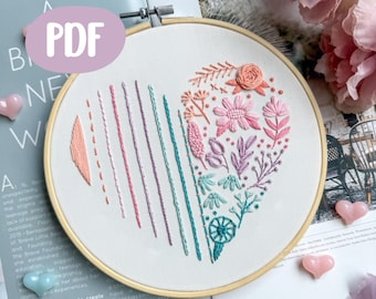 Rainbow Love Embroidery PDF Pattern, Learning, Basic Stitches Tutorial, 20+ Dictionary stitch, +Video