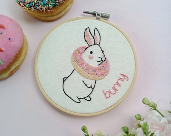 donuts Bunny Embroidery Hoop art, Finished embroidery, wall art Decor