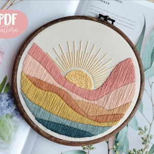 Mountain and sun Embroidery PDF Pattern with video tutorials for Beginner Modern easy funny design - digital download