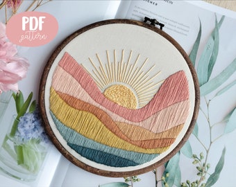 Mountain and sun Embroidery PDF Pattern with video tutorials for Beginner Modern easy funny design - digital download