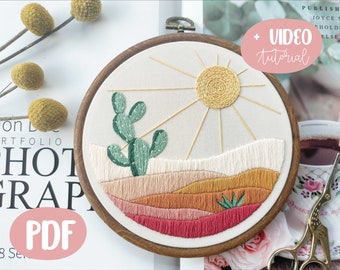 Mountain, Cactus, and sun, Embroidery PDF Pattern with video tutorials for Beginner, Modern easy funny design - digital download