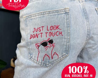 Sassy Cat Embroidery Design: Subversive Quote Jeans Pocket Pattern (PDF Download) with Video Tutorial