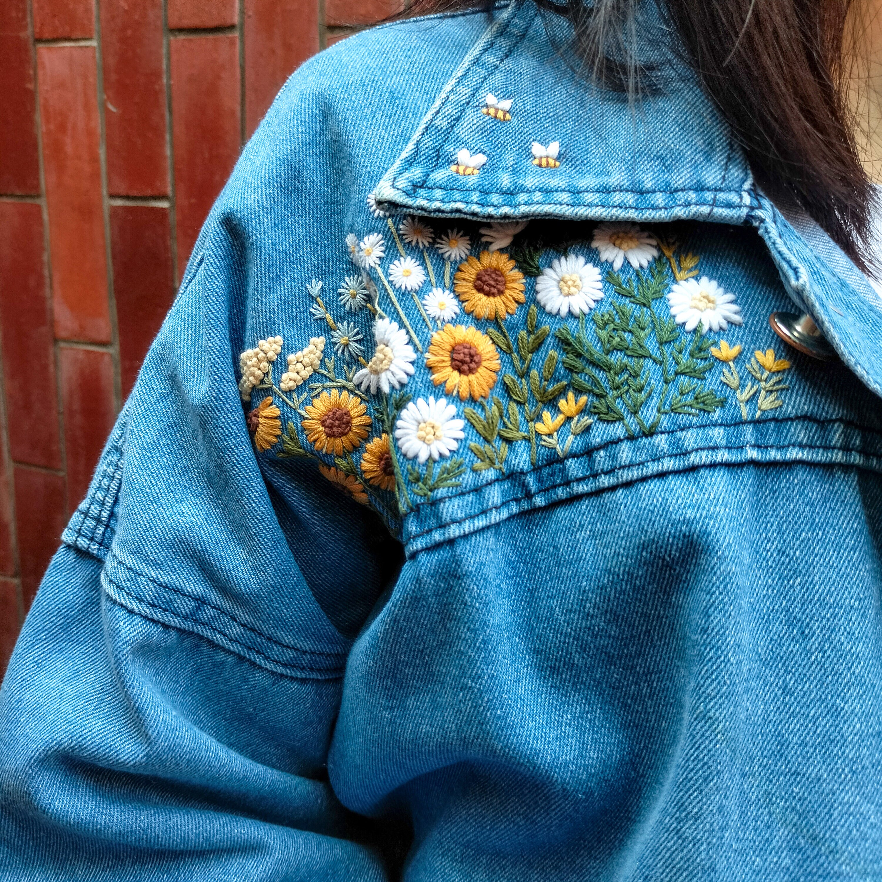 デニムジャケット用ひまわりとデイジーの花の刺繍キット - Etsy 日本