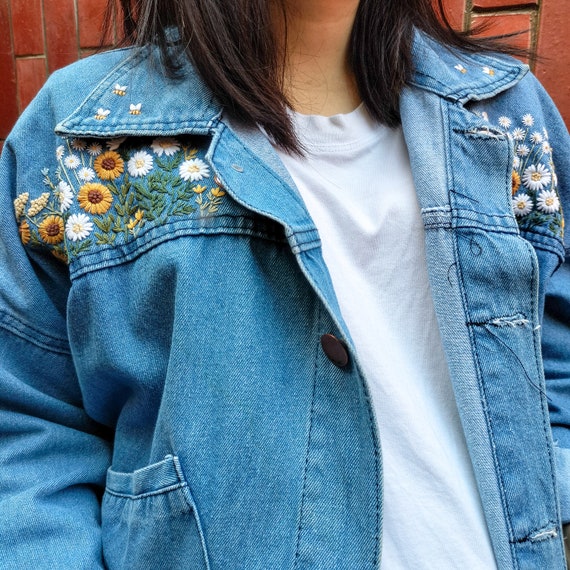 Floral Embroidery Pattern: Sunflower & Daisy Jeans Jacket (PDF