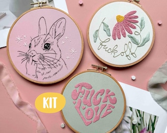 Triple Subversive Embroidery Kit - Sassy Bunny & Snarky Flower - DIY Beginner Craft KIT