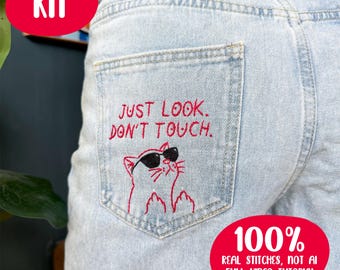 Sassy Cat Embroidery Design KIT: Subversive Quote Jeans Pocket Pattern (KIT with Video Tutorial)