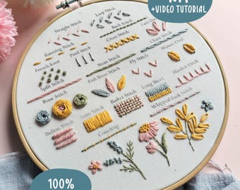May include: An embroidery hoop containing white fabric with various stitched patterns and labels including Straight Stitch, Back Stitch, Lazy Daisy, Cross Stitch, Chain Stitch, Woven Oval, French Knot, Pistil Stitch, Stem Stitch, Fly Stitch, and Blanket Stitch.