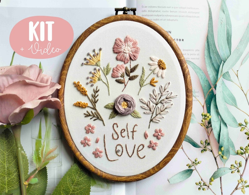 custom text flower embroidery kit, custom name, custom quote, personalized for beginner image 1