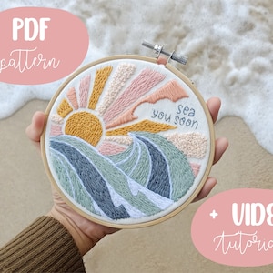 Beach & Sun Embroidery PDF Pattern: Beginner Modern Design (Digital Download)