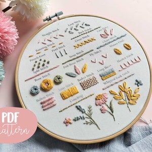 Full Beginner Embroidery Pdf Pattern, Basic Embroidery Stitches Tutorial, Digital Pattern