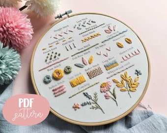 Full Beginner Embroidery Pdf Pattern, Basic Embroidery Stitches Tutorial, Digital Pattern