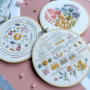 Pu&ograve; includere: Tre telai da ricamo circolari in legno contenenti tessuto bianco. Due telai presentano motivi floreali in filo rosa, giallo, blu e verde. Un telaio mostra un campionario di punti con etichette di testo per varie tecniche come il nodo francese e il punto raso.