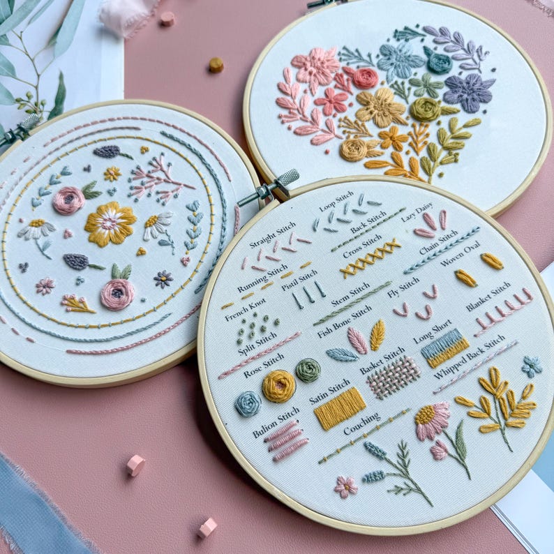Pu&ograve; includere: Tre telai da ricamo circolari in legno contenenti tessuto bianco. Due telai presentano motivi floreali in filo rosa, giallo, blu e verde. Un telaio mostra un campionario di punti con etichette di testo per varie tecniche come il nodo francese e il punto raso.